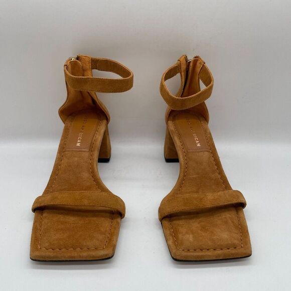 Good American Shoes Sz 5 Tan Suede Ankle Strap Heeled Sandals‎ Block Heel Dressy - Picture 3 of 11